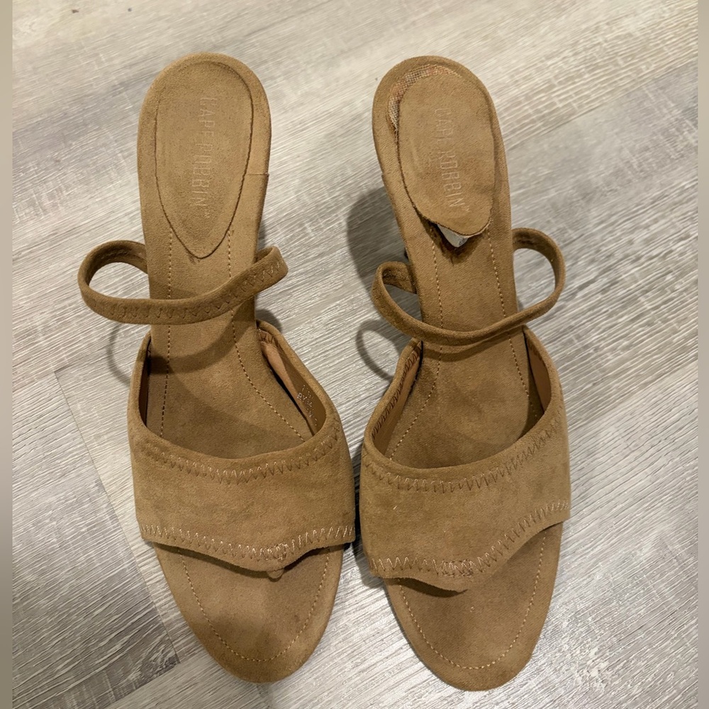 Women's Tan Suede Sling Sandal Heel with Flip Flop type toe